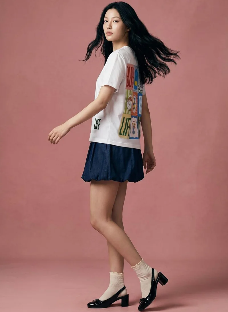 دينيس لينغو Women White 100% Cotton Printed Regular Fit T-Shirt