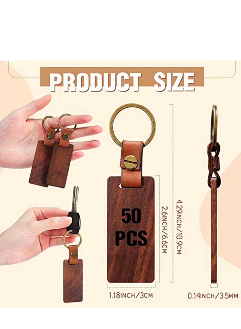 Wood Keychain Blanks No Engraving Rectangular Key Chain with Leather Ring DIY Lettering Pattern for Bag Ornaments Luggage Name Tags Ornaments with Holes Wedding Birthday Party Gift 10 PCS