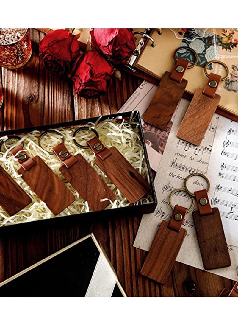 Wood Keychain Blanks No Engraving Rectangular Key Chain with Leather Ring DIY Lettering Pattern for Bag Ornaments Luggage Name Tags Ornaments with Holes Wedding Birthday Party Gift 10 PCS