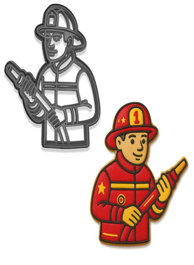 Mighty Gadget Brave Fireman Cookie Cutter - 4x3.59" First Responder Theme, Firefighter with Hose Design (Random Color) - Image 1