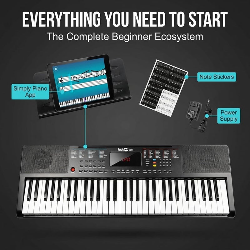 RockJam 61 Portable Electronic Keyboard with Key Note Stickers, Power Supply and Simple Piano Application Content (RJ361) - Image 2