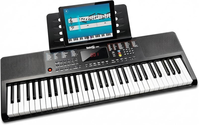 RockJam 61 Portable Electronic Keyboard with Key Note Stickers, Power Supply and Simple Piano Application Content (RJ361) - Image 1