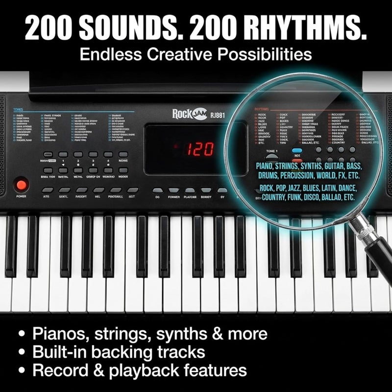 RockJam 61 Portable Electronic Keyboard with Key Note Stickers, Power Supply and Simple Piano Application Content (RJ361) - Image 5