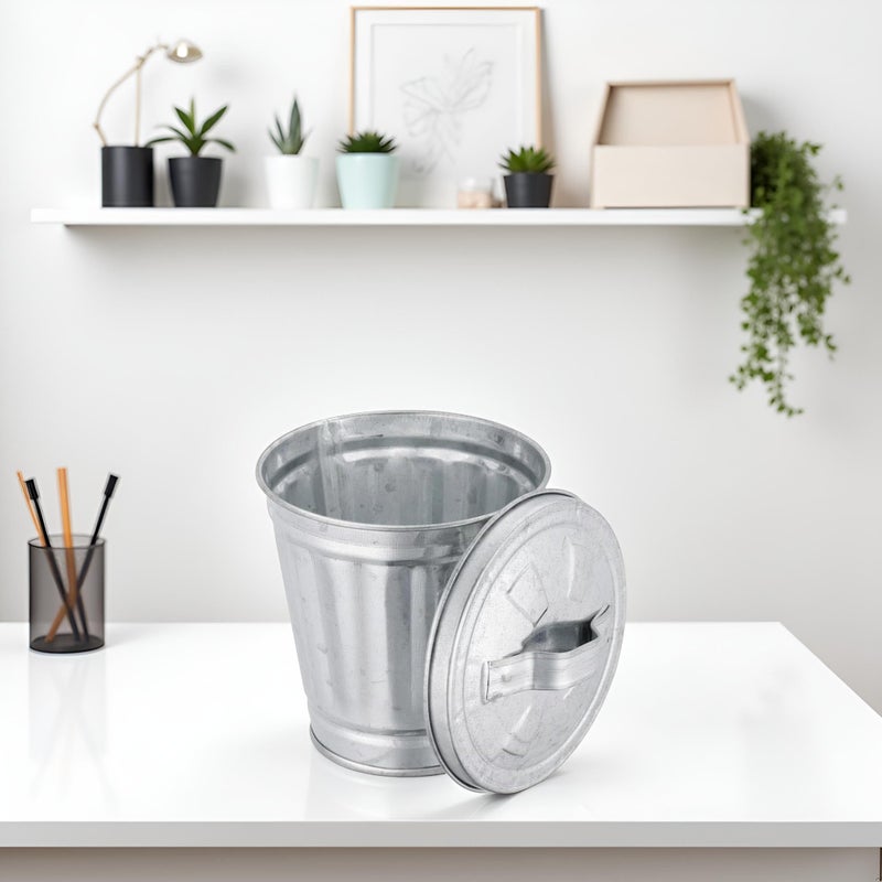 Czhotg Silver Mini Galvanized Trash Can with Lid Wastebasket Trash Can Metal Buckets Tabletop Mini Metal Rubbish Bin Flower Pot Pen Holde, Wastebaskets (9.5X9X6.3CM) - Image 3
