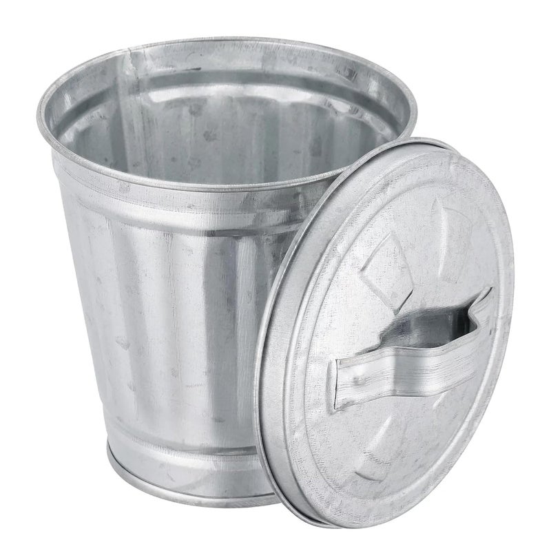 Czhotg Silver Mini Galvanized Trash Can with Lid Wastebasket Trash Can Metal Buckets Tabletop Mini Metal Rubbish Bin Flower Pot Pen Holde, Wastebaskets (9.5X9X6.3CM) - Image 1