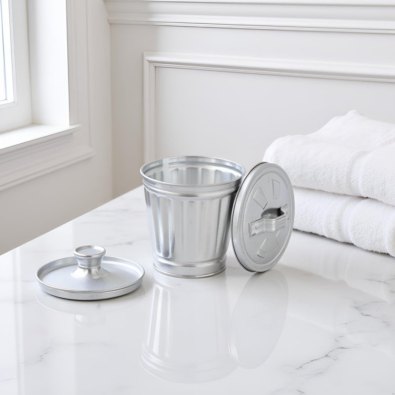 Czhotg Silver Mini Galvanized Trash Can with Lid Wastebasket Trash Can Metal Buckets Tabletop Mini Metal Rubbish Bin Flower Pot Pen Holde, Wastebaskets (9.5X9X6.3CM) - Image 5