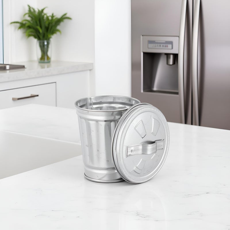 Czhotg Silver Mini Galvanized Trash Can with Lid Wastebasket Trash Can Metal Buckets Tabletop Mini Metal Rubbish Bin Flower Pot Pen Holde, Wastebaskets (9.5X9X6.3CM) - Image 4