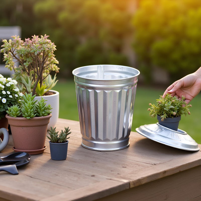 Czhotg Silver Mini Galvanized Trash Can with Lid Wastebasket Trash Can Metal Buckets Tabletop Mini Metal Rubbish Bin Flower Pot Pen Holde, Wastebaskets (9.5X9X6.3CM) - Image 2