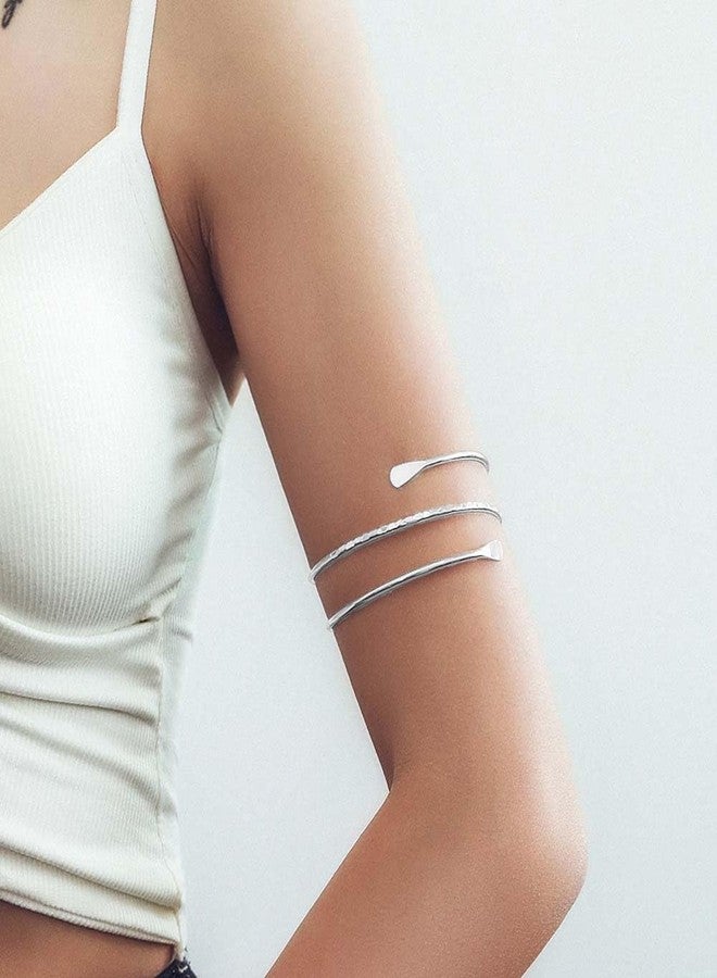 ZMANYIJEW 2 Pcs Arm Cuff Upper Arm Gold Band Cuff for Women Adjustable Arm Bracelet Bangle Set Jewelry (2 Pcs-silver) - Image 3
