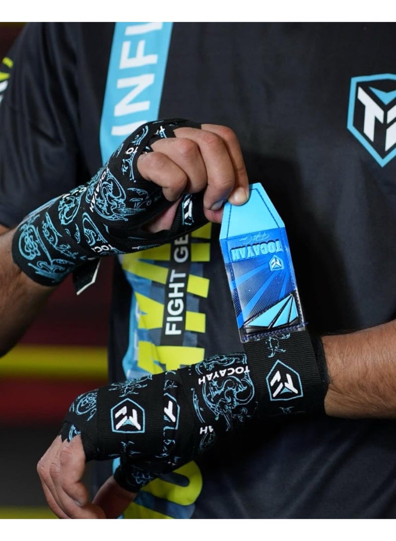 TOCAYAH Dragons Boxing Hand Wraps | 4–6M Cotton Nylon Hand Wraps for Boxing, MMA & Muay Thai | Wrist Support & Knuckle Protection Training Wraps with Dragon Design (Black Blue, 4M) - Image 2