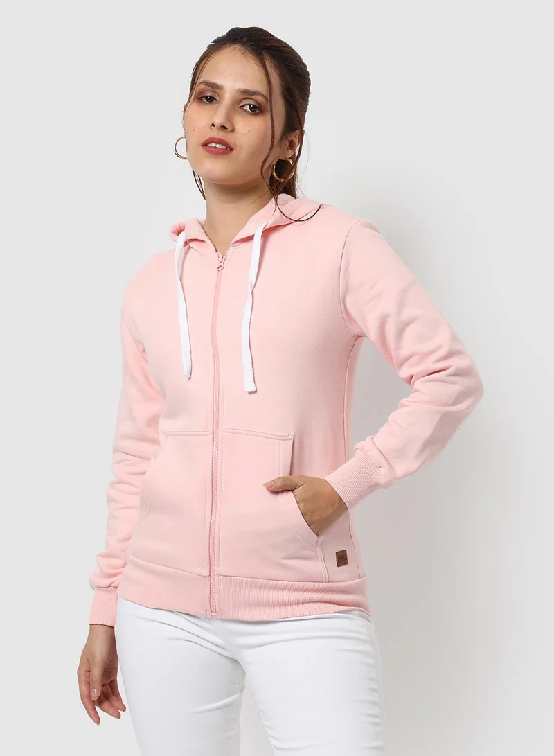 Campus Sutra Women's Baby Pink Solid Zip-Front Hoodie For Casual Wear | Hooded Neck | Long Cuffed Sleeves | Zipper Closure | Sweatshirt Crafted With Comfort Fit For Everyday Wear