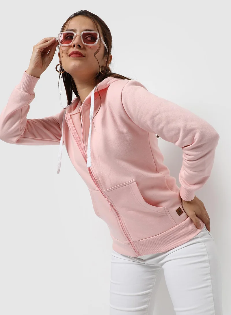 Campus Sutra Women's Baby Pink Solid Zip-Front Hoodie For Casual Wear | Hooded Neck | Long Cuffed Sleeves | Zipper Closure | Sweatshirt Crafted With Comfort Fit For Everyday Wear