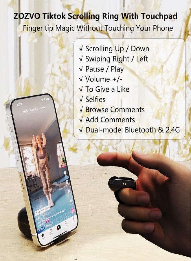 ZOZVO Tiktok Scrolling Ring,Air Finger Ring Mouse with a Touchpad,Bluetooth/Wireless Scroller for iPhone/Android/PC,Remote Control for Camera/Video Recording/Kindle App (Black) - Image 2