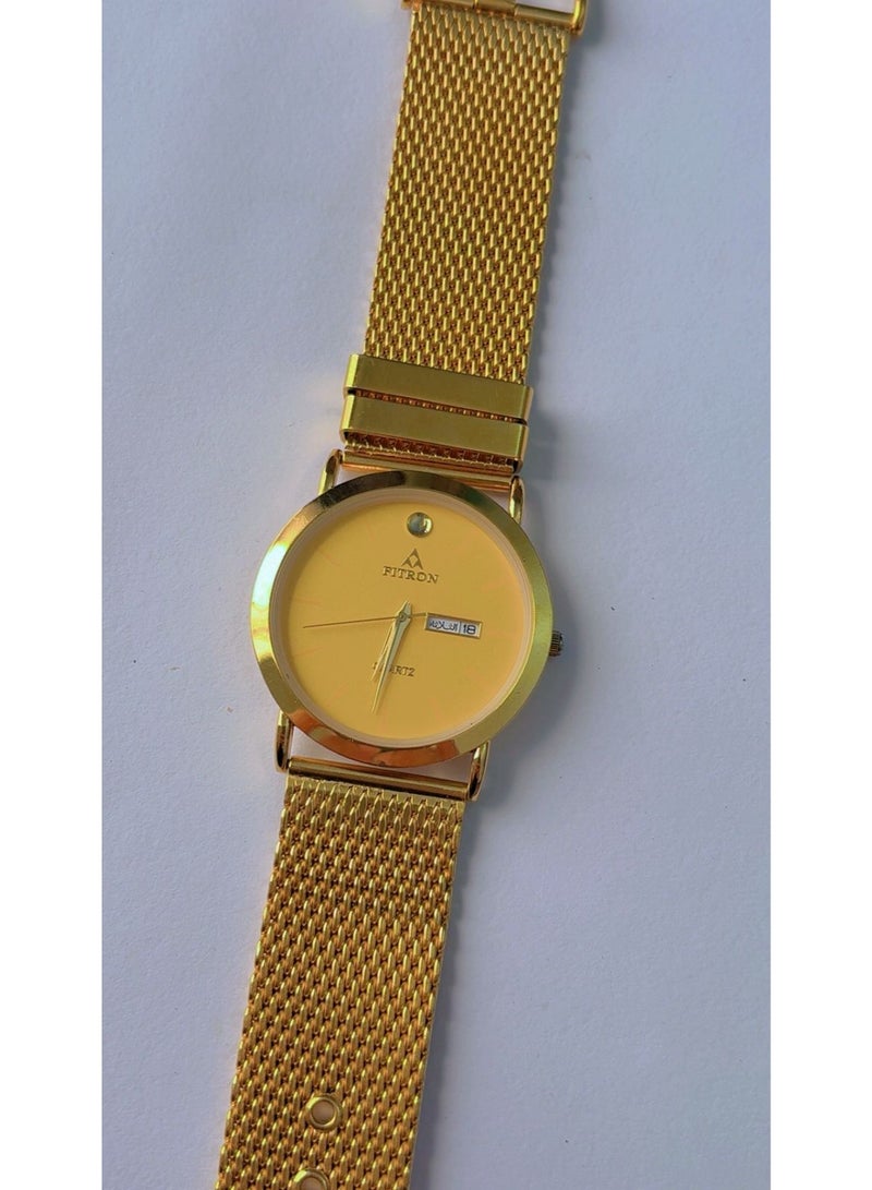 FITRON Premium Gold Mesh Strap Analog Watch for Men - Brand New Quartz Wristwatch with Day & Date Window, Stainless Steel Back, Water Resistant - Image 3