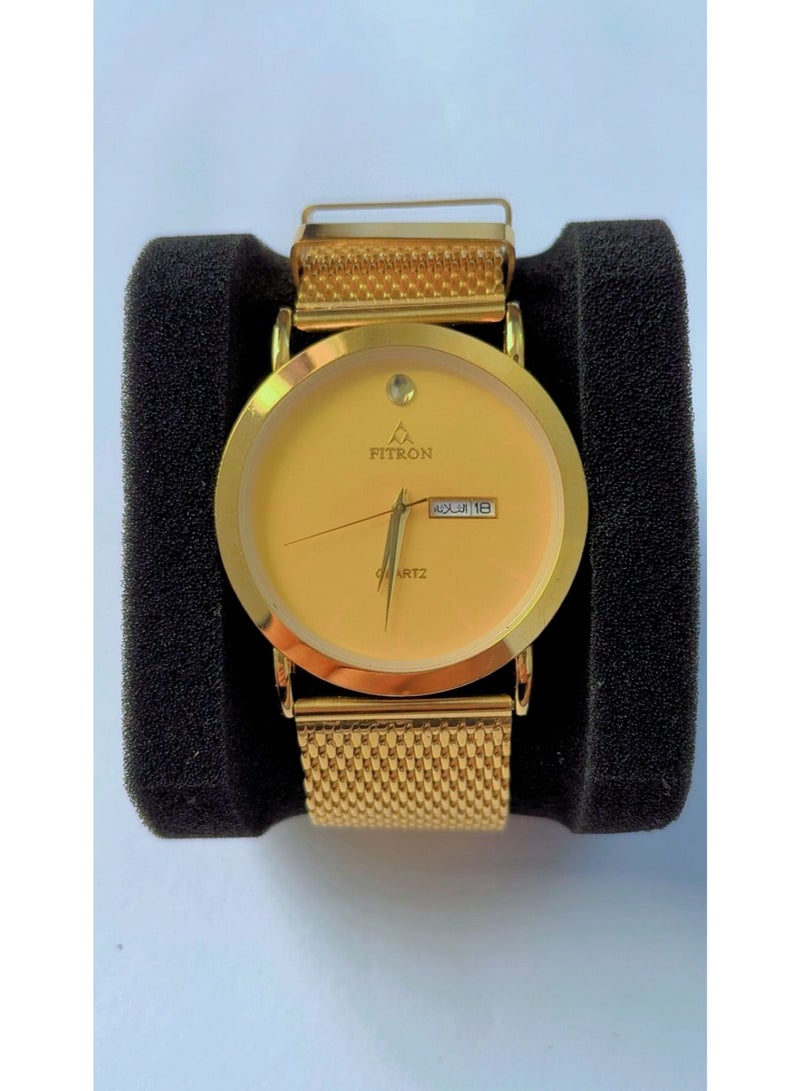 FITRON Premium Gold Mesh Strap Analog Watch for Men - Brand New Quartz Wristwatch with Day & Date Window, Stainless Steel Back, Water Resistant - Image 1