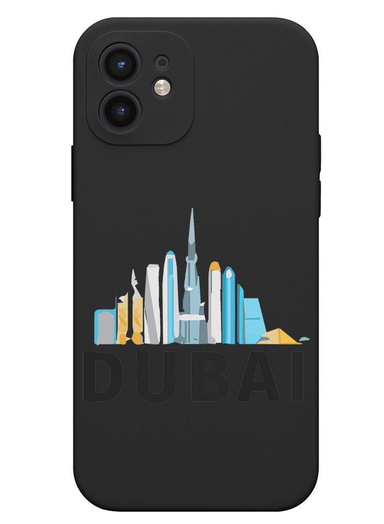 Theodor Protective Slim Fit Case Liquid Silicone Cover with Full Body Protection Anti-Scratch Shockproof Case For iPhone 12 Black  - Dubai Skyline - Image 1