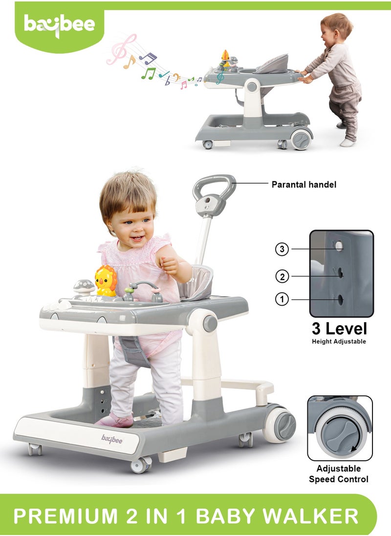 BAYBEE 3 In 1 Zeni Baby Activity Walker With Parental Push Handle And 3 Height Adjustable,Tray And Musical Toy Bar, 6 - 18 Months, Boy/Girl, Grey  - Image 1