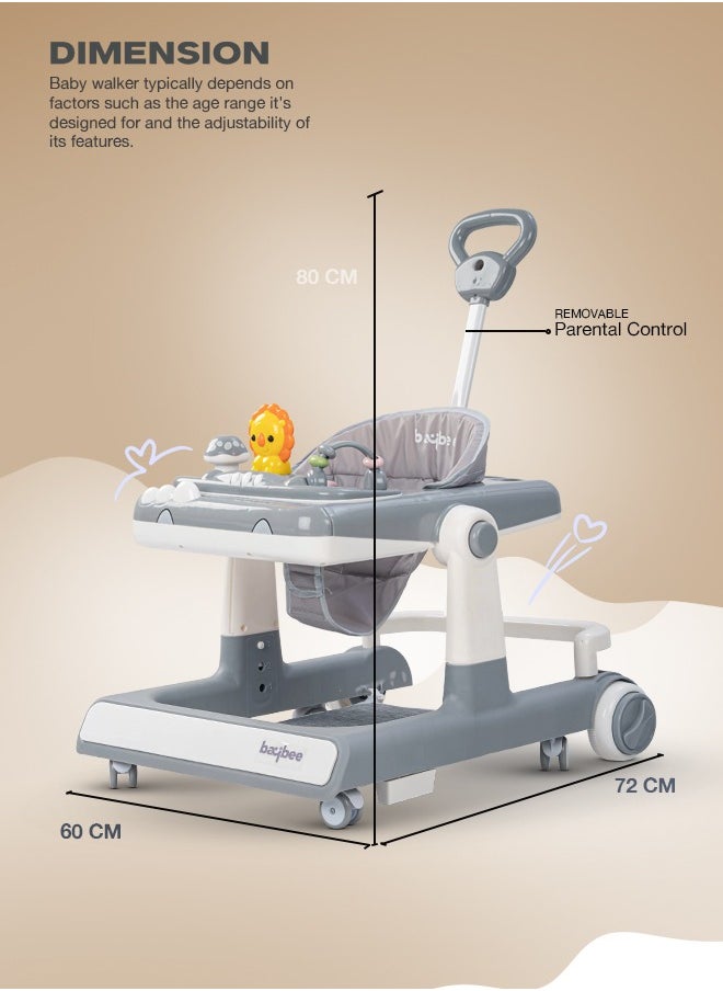 BAYBEE - 3 In 1 Zeni Baby Activity Walker With Parental Push Handle And 3 Height Adjustable,Tray And Musical Toy Bar, 6 - 18 Months, Boy/Girl, Grey - Image 1