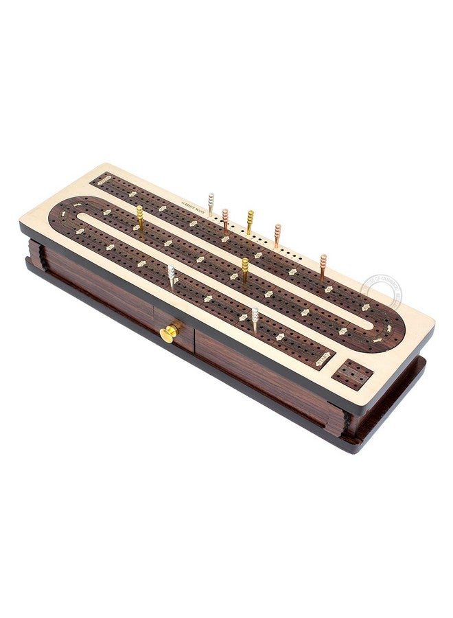House of Cribbage Continuous Cribbage Board / Box Inlaid Rosewood 3 Tracks On Maple Board 12" : Sliding Lid : Drawer - Image 4
