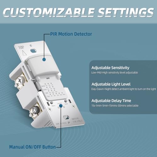 ECOELER Motion Sensor Light Switch, PIR Motion Detection Wall Switch with Adjustable Sensitivity, OCC/VAC Selectable, Neutral Wire Required, Single Pole Occupancy Sensor for Bathroon, Laundry - Image 2