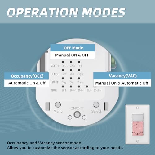 ECOELER Motion Sensor Light Switch, PIR Motion Detection Wall Switch with Adjustable Sensitivity, OCC/VAC Selectable, Neutral Wire Required, Single Pole Occupancy Sensor for Bathroon, Laundry - Image 3