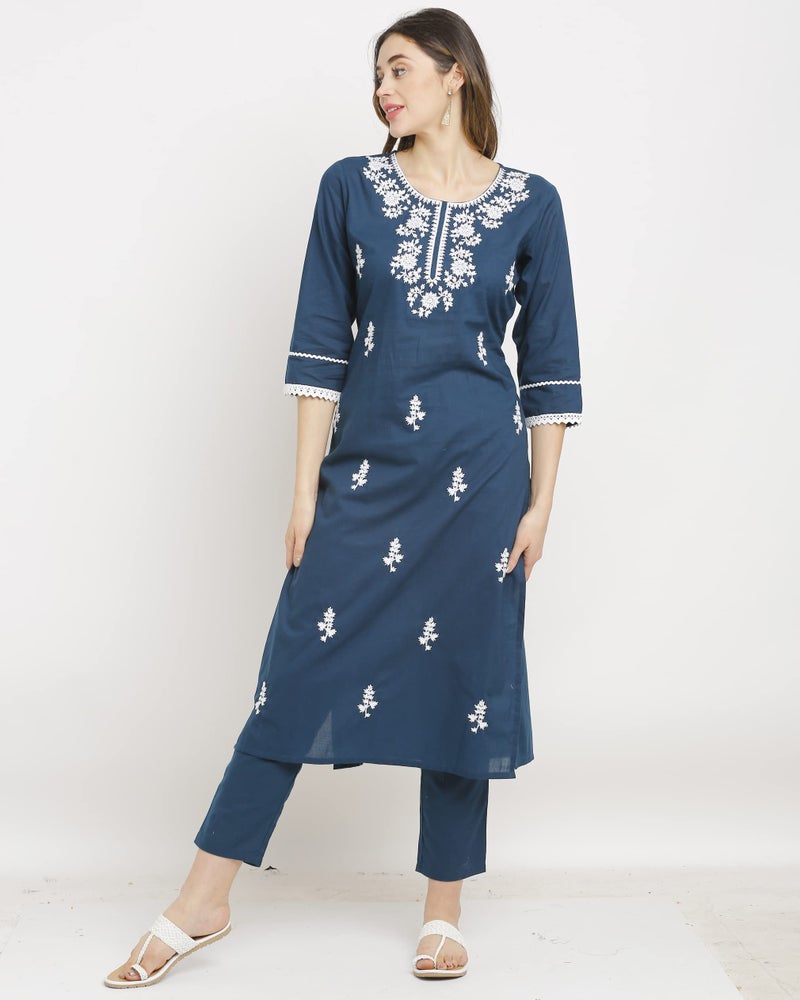 Rajnandini Women's Pure Cambric Cotton Embroidered Chikankari Straight Kurta Set With Dupatta (Ready To Wear; Navy Blue; X-Large)(JOPLVL241A-XL) - Image 5