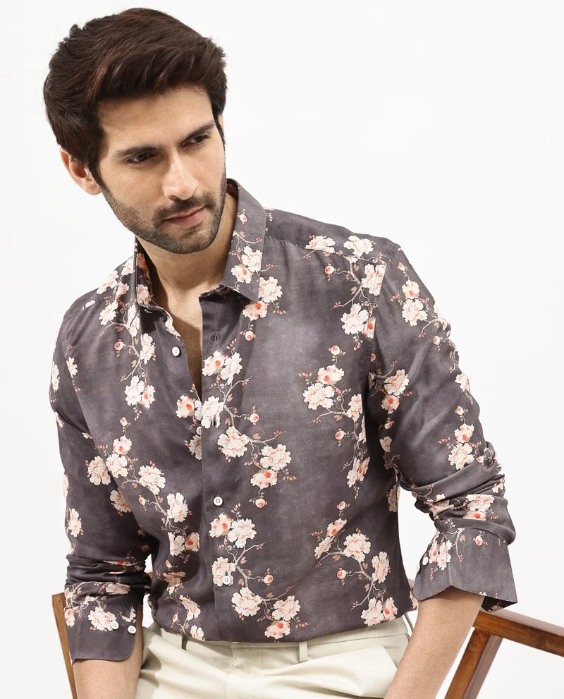Rare Rabbit Rare Rabbit Mens Drang Dark Brown Full Sleeve Regular Fit Floral Print Shirt