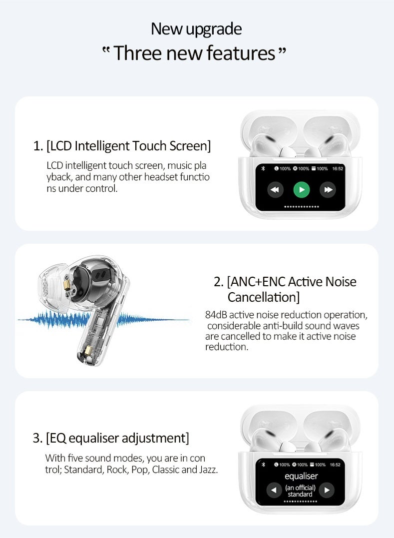 A9 Pro Smart Full Color Touch Screen Wireless Earbuds with ANC+ENC Noise Cancelling Bluetooth 5.4 Hi-Fi Sound Sport Headphones - Image 4