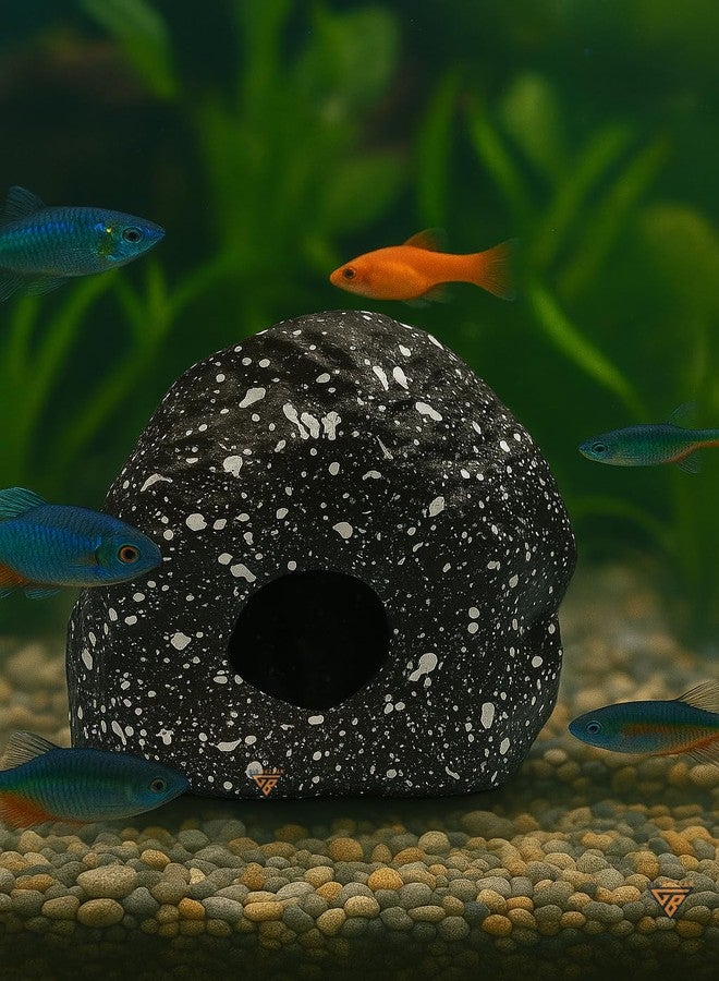 GIG BAZAAR Aquarium Stone Shelter Rock Cave Hideaway, Speckled Granite Design, Hidden Space for Fish and Shrimp Shelter, Tank Decoration Ornament Accessories (Black) - Image 1