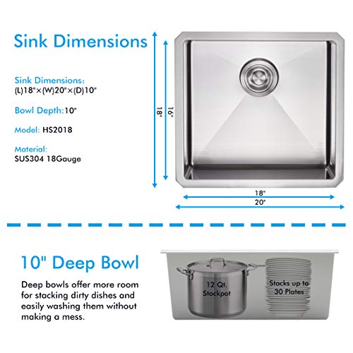 VADANIA 20-inch Kitchen Bar Sink, 20"x18"x10", Single Bowl, Undermount, 18 Gauge T304 Stainless Steel, Satin Finish, with Strainer & Bottom Grid, cUPC listed - Image 5