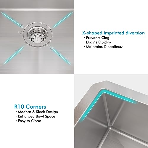 VADANIA 20-inch Kitchen Bar Sink, 20"x18"x10", Single Bowl, Undermount, 18 Gauge T304 Stainless Steel, Satin Finish, with Strainer & Bottom Grid, cUPC listed - Image 4