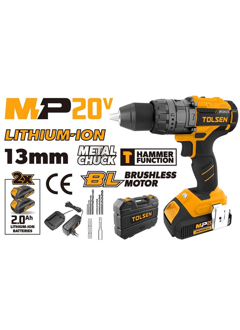 TOLSEN Tolsen 87254 20V Cordless Brushless Impact Drill – 2x 2.0Ah Li-ion Batteries & Fast Charger – Heavy-Duty Performance, Variable Speed, Keyless Chuck  - Image 2