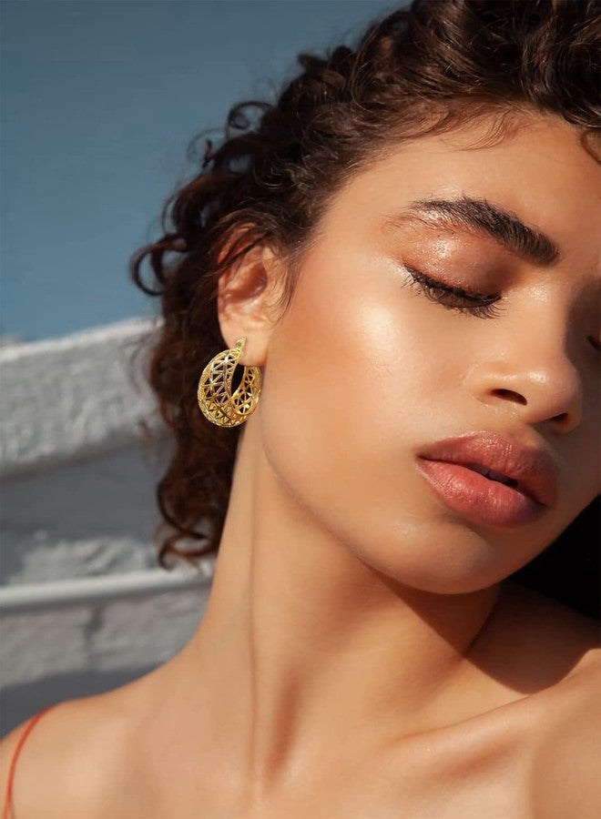 WOWORAMA Gold Filigree Hoop Earrings for Women Gold Plated Thick Chunky Hoop Earrings Click-Top Wide Chunky Earring Jewelry - Image 3