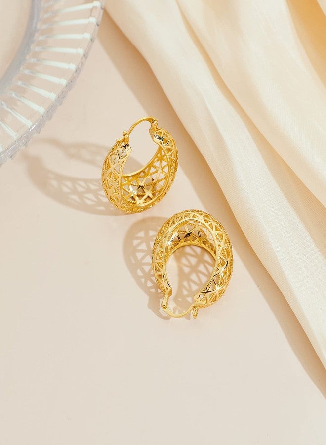WOWORAMA Gold Filigree Hoop Earrings for Women Gold Plated Thick Chunky Hoop Earrings Click-Top Wide Chunky Earring Jewelry - Image 4