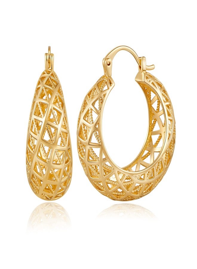WOWORAMA Gold Filigree Hoop Earrings for Women Gold Plated Thick Chunky Hoop Earrings Click-Top Wide Chunky Earring Jewelry - Image 1