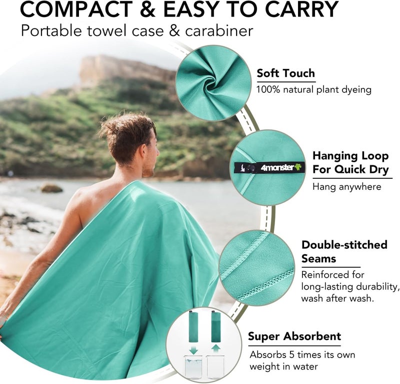 4Monster Camping Towels Super Absorbent, Fast Drying Microfiber Travel Towel, Quick Dry Ultra Soft Compact Gym Towel for Swimming Beach Hiking Yoga Travel Sports Backpack - Image 3