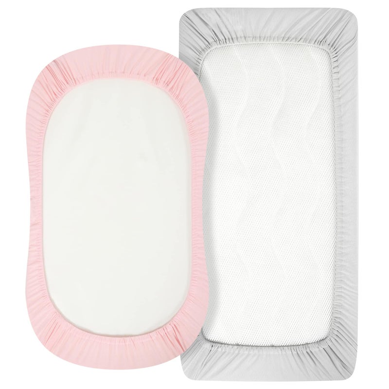 TILLYOU Baby Bassinet Sheets for Girls Boys, Fit for Hourglass Oval Rectangle Bassinet Mattress Sheets, 33”X16”, 2 Pack Gray and Pink - Image 3