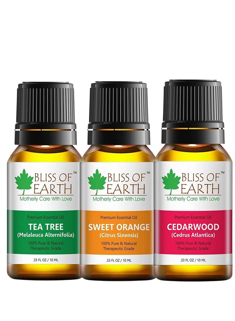 BLISS OF EARTH Bliss of earth Premium Australian Tea Tree Sweet Orange Cedarwood Essential oil Pure Organic Natural Therapeutic Grade Combo 10ml Pack of 3 - Image 1
