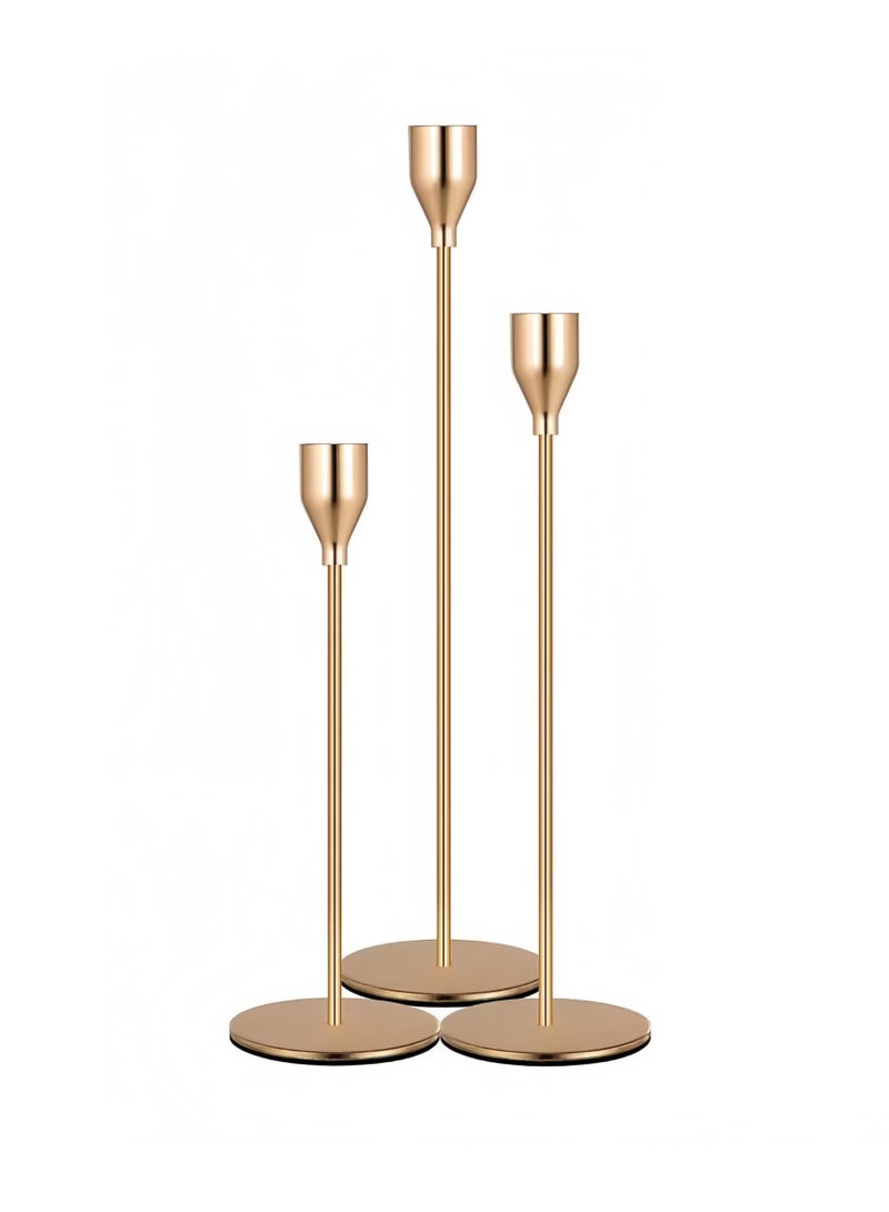 مجموعة حاملات الشموع من 3 قطع للشموع المدببة، حامل شموع مزخرف لحفلات الزفاف والعشاء والحفلات والملابس، شمعة ليد سميكة 3/4 بوصة (حامل شموع معدني) (ذهبي) - Image 1