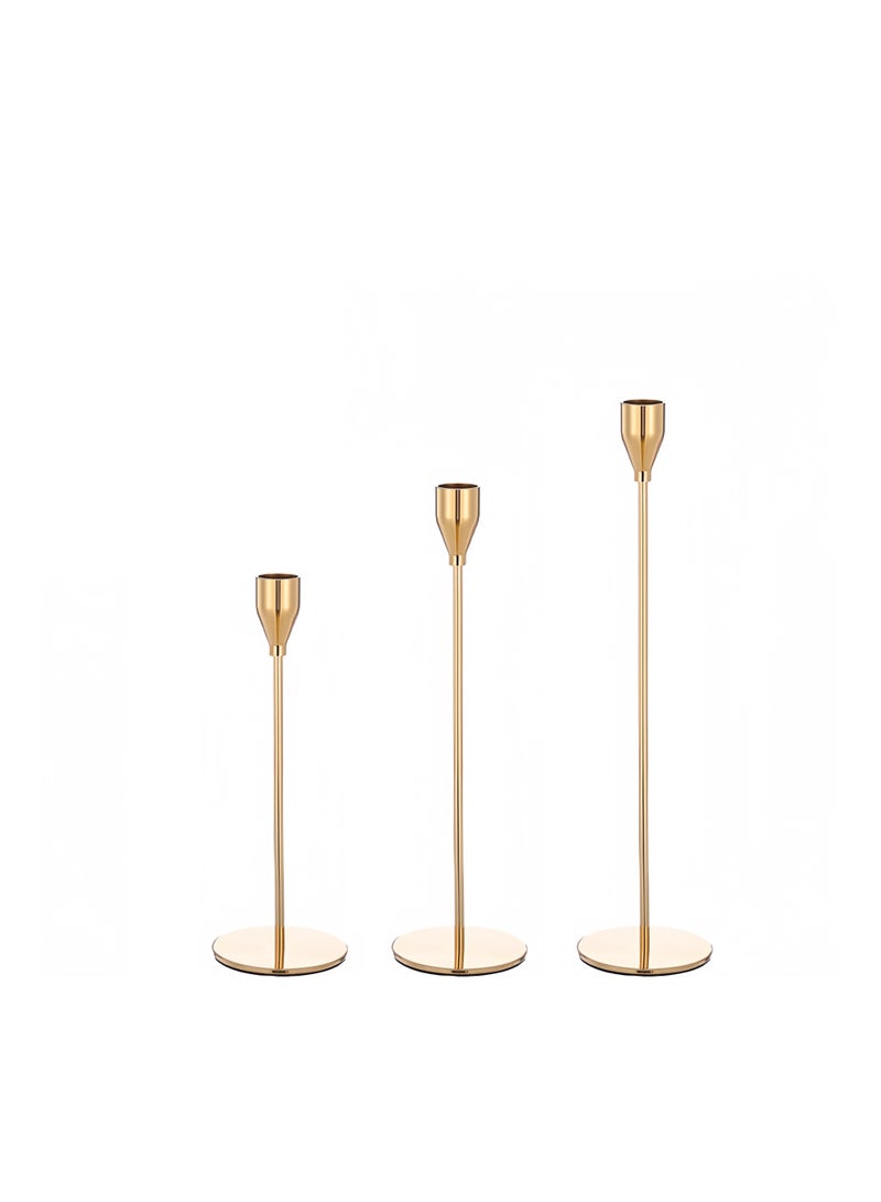 مجموعة حاملات الشموع من 3 قطع للشموع المدببة، حامل شموع مزخرف لحفلات الزفاف والعشاء والحفلات والملابس، شمعة ليد سميكة 3/4 بوصة (حامل شموع معدني) (ذهبي) - Image 4