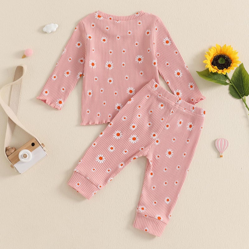 allshope Baby Girl Fall Clothes Set Floral Print Long Sleeve Tops Pants Cute Infant Toddler Outfits 6 12 18 24 Months 2T (Daisy Pink, 12-18 Months) - Image 3
