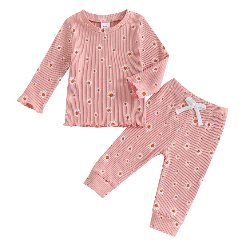 allshope Baby Girl Fall Clothes Set Floral Print Long Sleeve Tops Pants Cute Infant Toddler Outfits 6 12 18 24 Months 2T (Daisy Pink, 12-18 Months) - Image 1