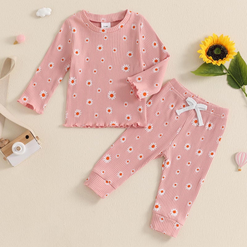 allshope Baby Girl Fall Clothes Set Floral Print Long Sleeve Tops Pants Cute Infant Toddler Outfits 6 12 18 24 Months 2T (Daisy Pink, 12-18 Months) - Image 2