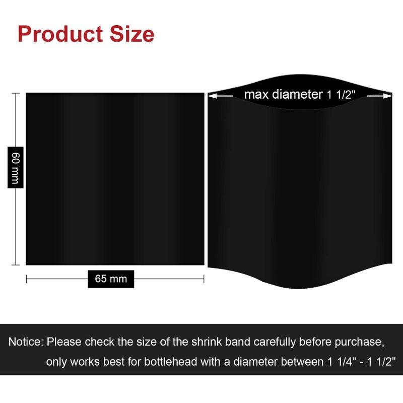 Morepack Black Shrink Bands,65x60 mm 200 Pieces Black Perforated Heat Shrink Wrap Sealer for Hot Sauce Bottles,Woozy Bottles and Beverage Bottles,Shrink Wrap Bands [Compatible Diameter Range: 1 1/4” – 1 1/2”] - Image 2