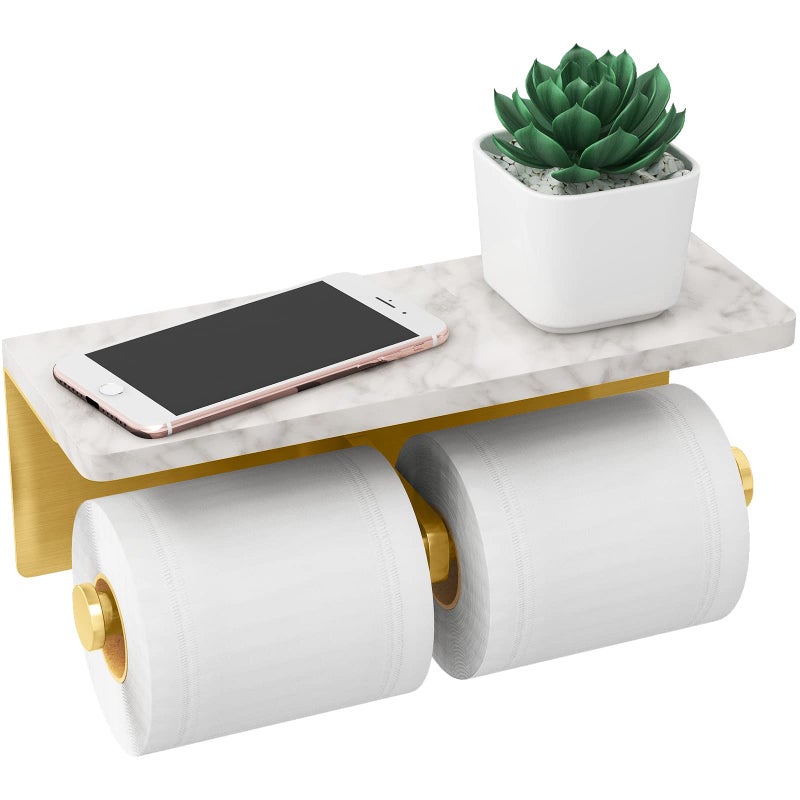 Brushed Gold Toilet Paper Holder with Shelf New Upgrade Double Toilet Paper Holder with Storage Marble Roll Toilet Paper Wall Mount for Bathroom Washroom