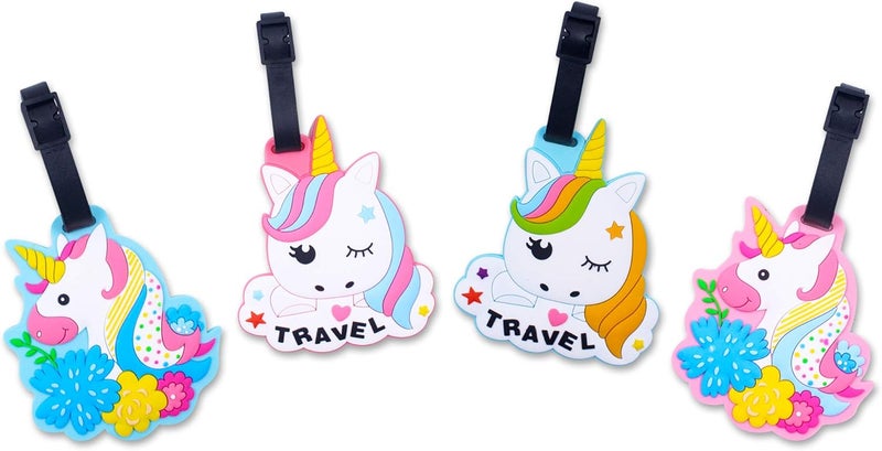 Finex 4 Pcs Set Assorted Unicorns Silicone Travel Luggage Baggage Identification Labels ID Tag for Bag Suitcase Plane Cruise Ships with Belt Strap - Image 1