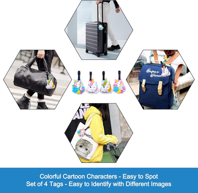 Finex 4 Pcs Set Assorted Unicorns Silicone Travel Luggage Baggage Identification Labels ID Tag for Bag Suitcase Plane Cruise Ships with Belt Strap - Image 2