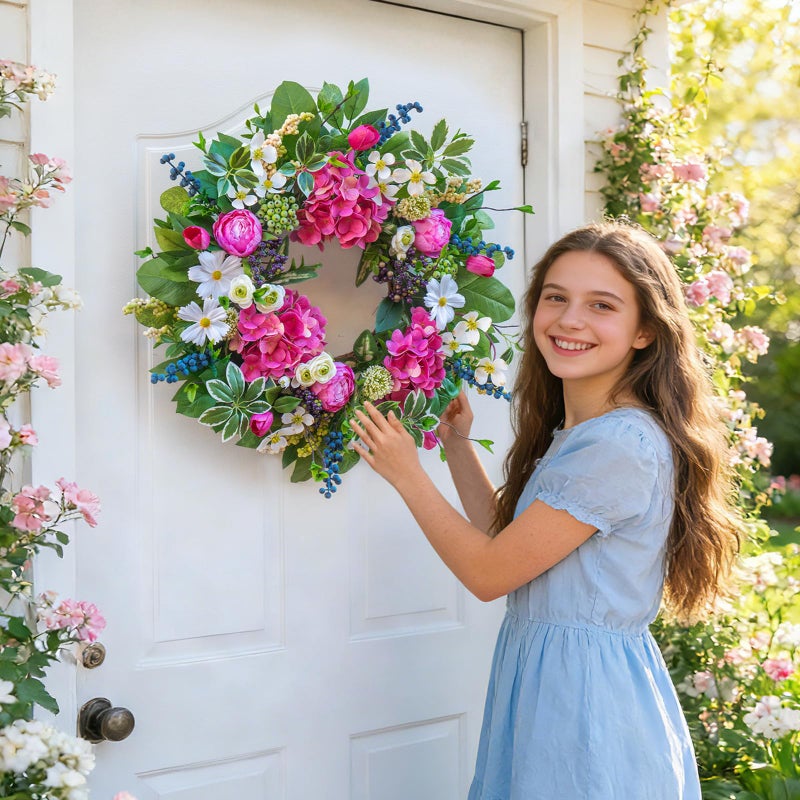 Soomeir Spring Wreaths for Front Door Outside Summer Wreath 24 Inch with Luxury Peony & Hydrangea Floral Wreaths with Greenery Colorful Seasonal Spring Door Wreath for Outdoor Home Decor - Image 3