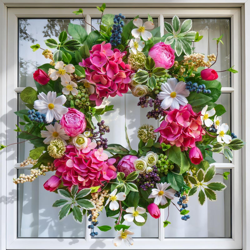 Soomeir Spring Wreaths for Front Door Outside Summer Wreath 24 Inch with Luxury Peony & Hydrangea Floral Wreaths with Greenery Colorful Seasonal Spring Door Wreath for Outdoor Home Decor - Image 2
