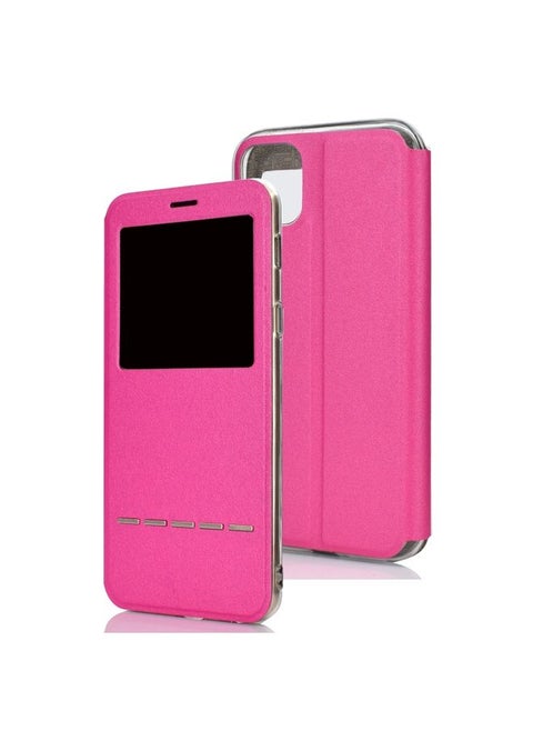 Case Cover For iPhone 11 Pro Max Matte Texture Horizontal Flip Bracket Mobile Phone Holster Window with Caller ID and Metal Button Slide To Unlock Magenta